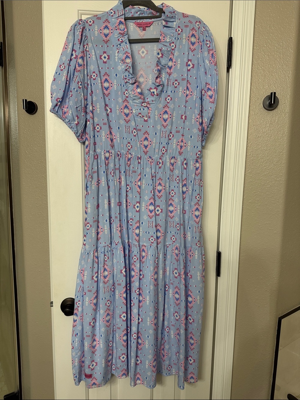 Simply Southern Light Blue Printed Midi with Ruffle Neck